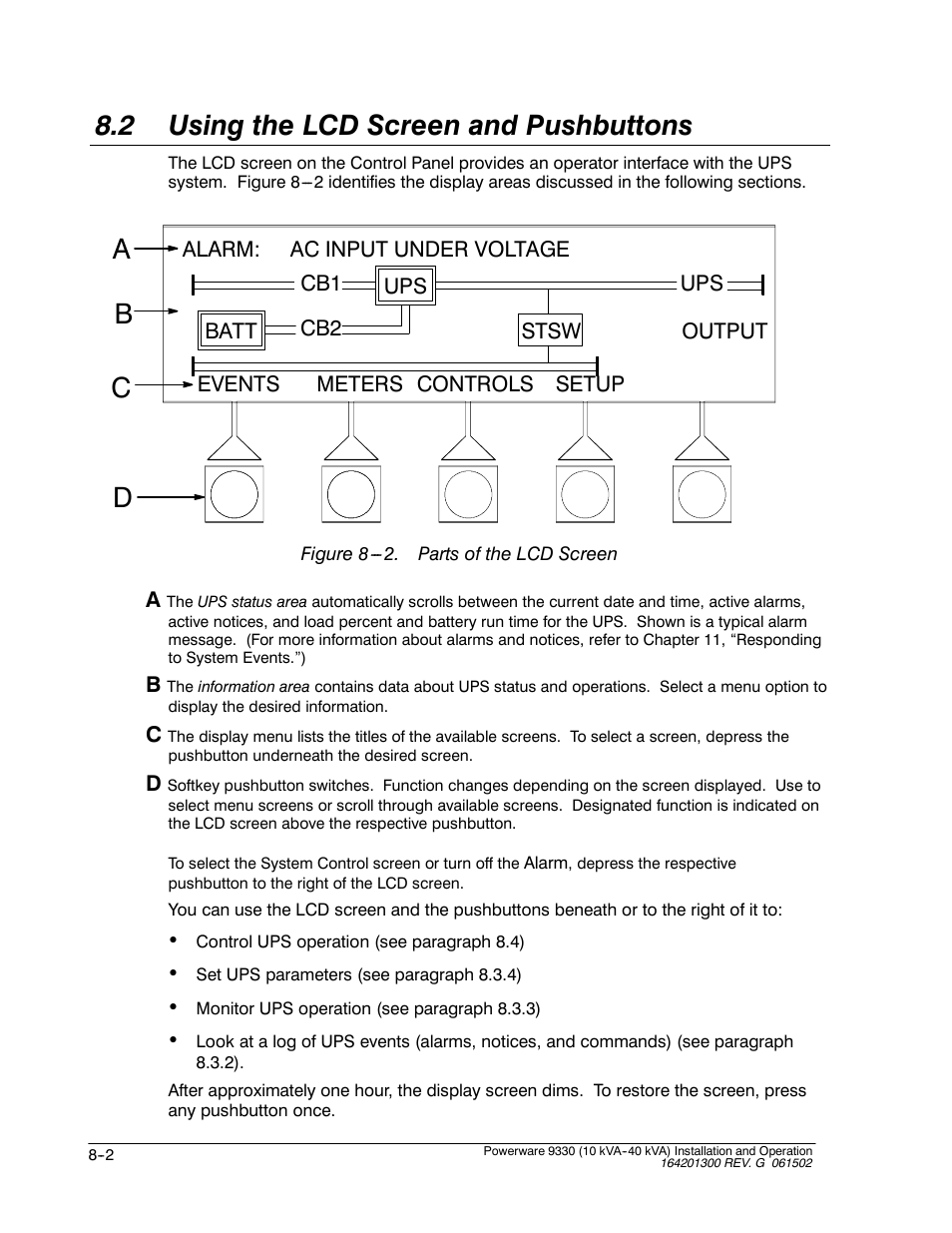 2 using the lcd screen and pushbuttons, Ad c b | Powerware 9330 User Manual | Page 100 / 246