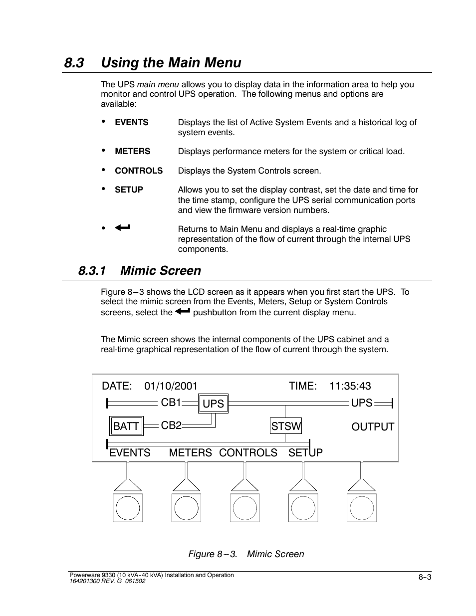 3 using the main menu, 1 mimic screen | Powerware 9330 User Manual | Page 101 / 246