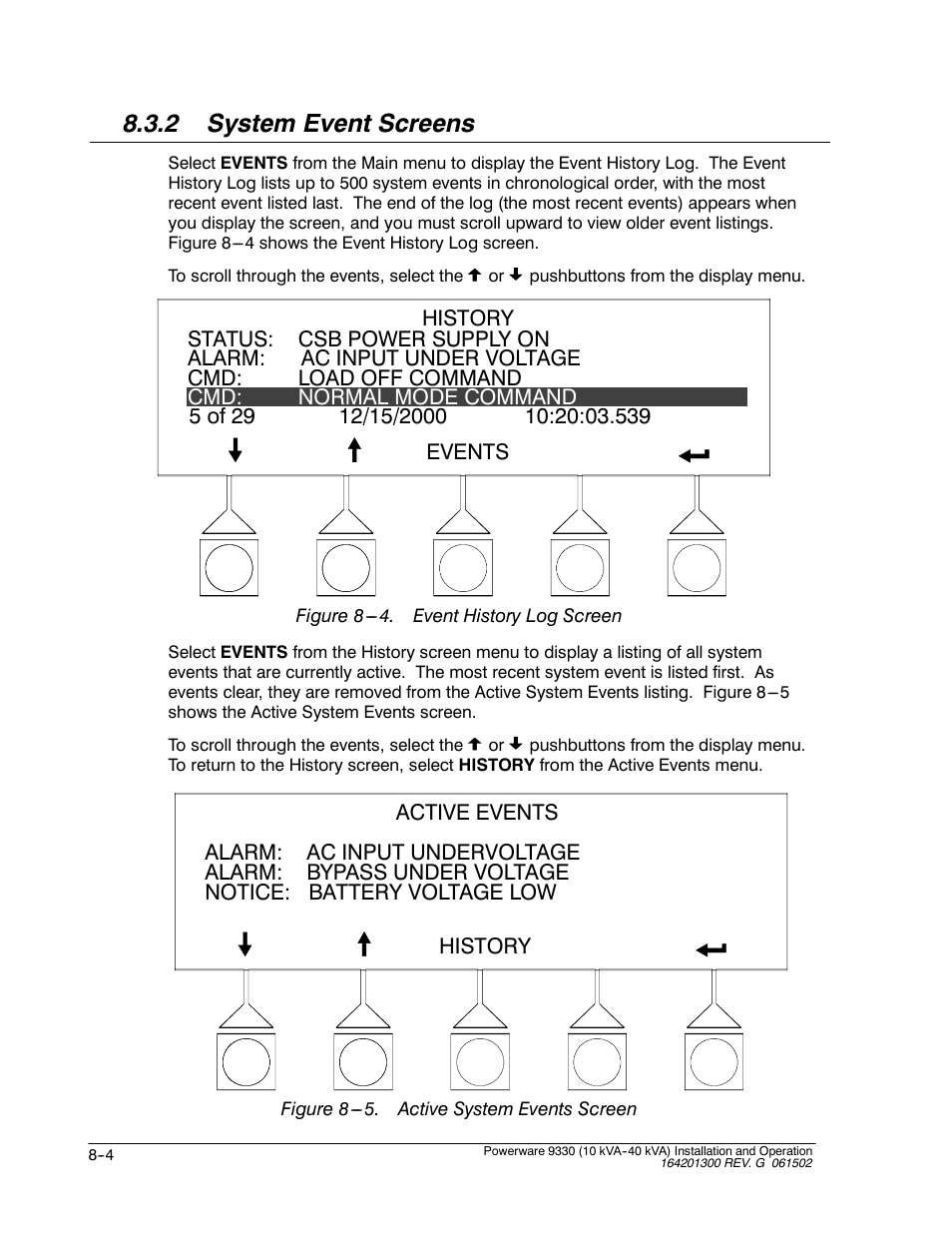 2 system event screens | Powerware 9330 User Manual | Page 102 / 246