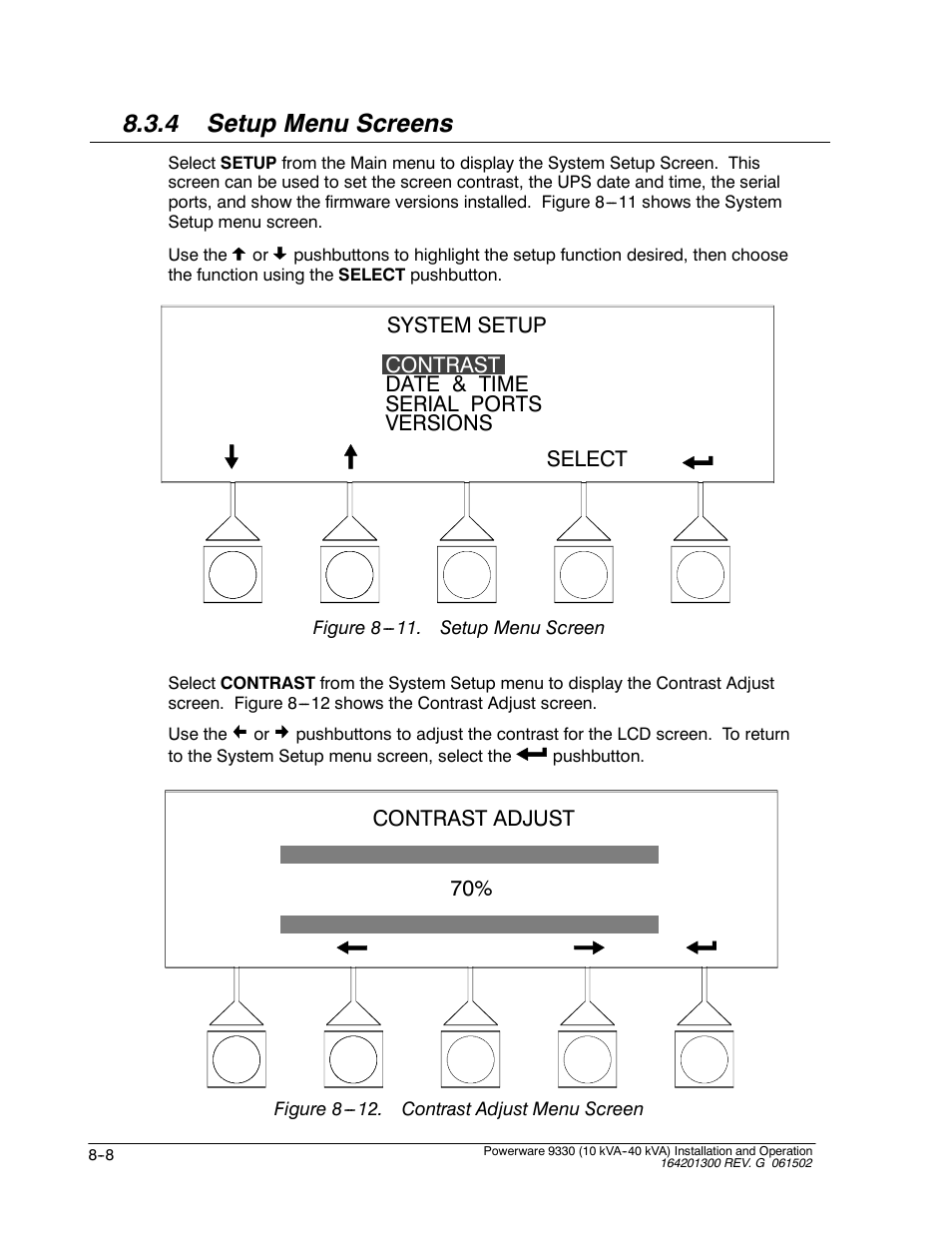 4 setup menu screens | Powerware 9330 User Manual | Page 106 / 246