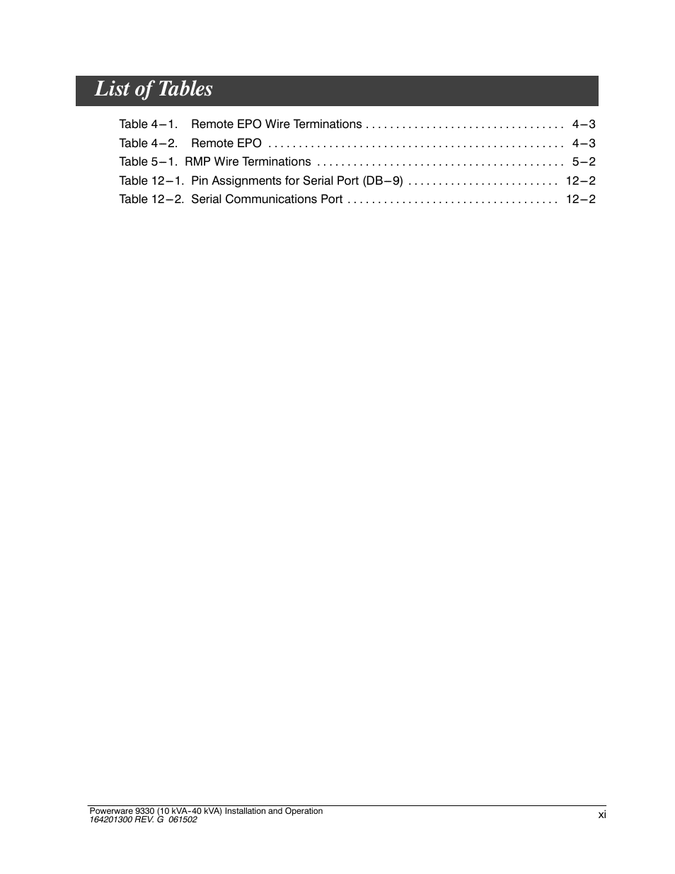 List of tables | Powerware 9330 User Manual | Page 11 / 246