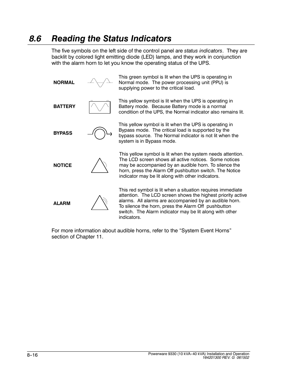 6 reading the status indicators | Powerware 9330 User Manual | Page 114 / 246