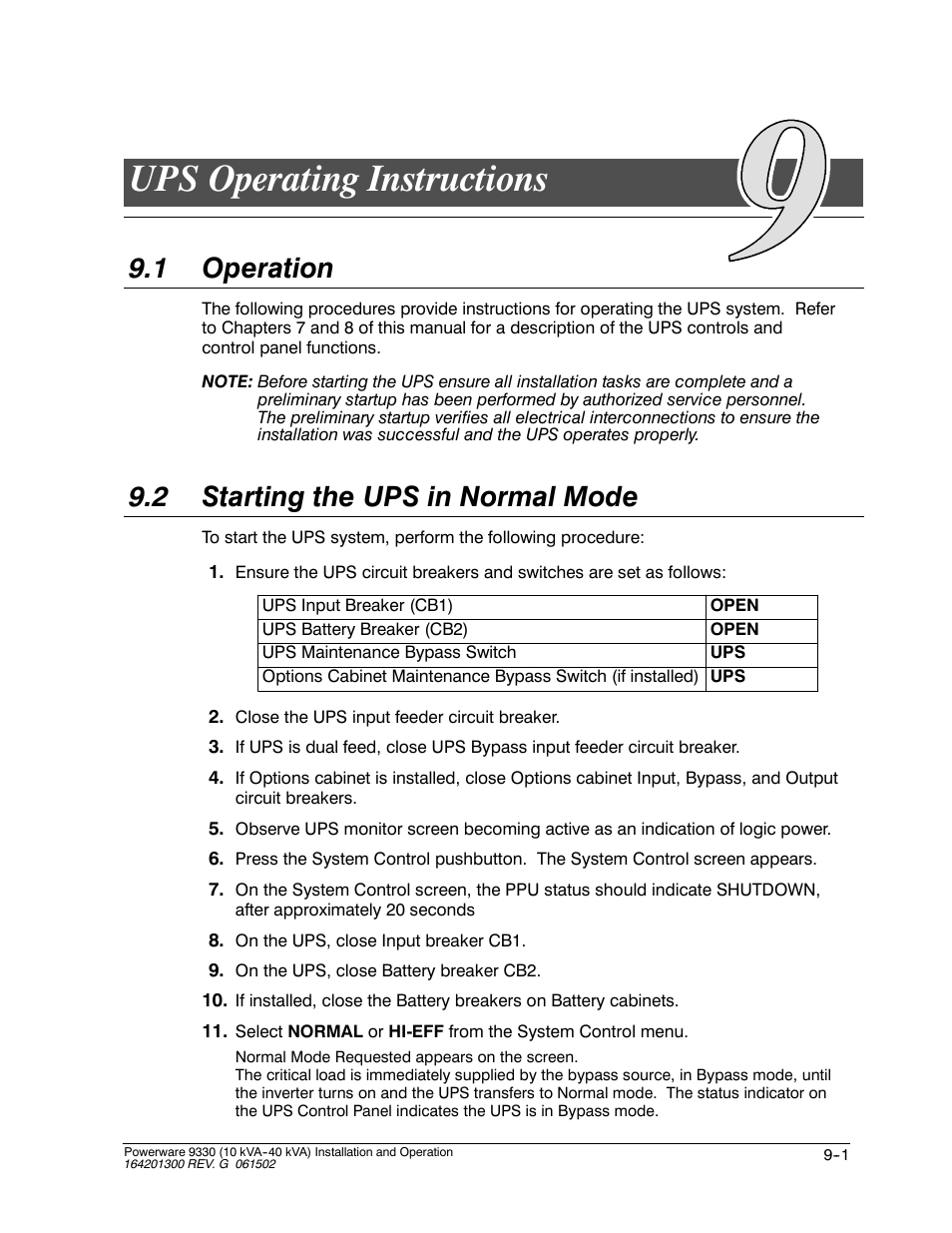 Ups operating instructions, 1 operation, 2 starting the ups in normal mode | Powerware 9330 User Manual | Page 115 / 246