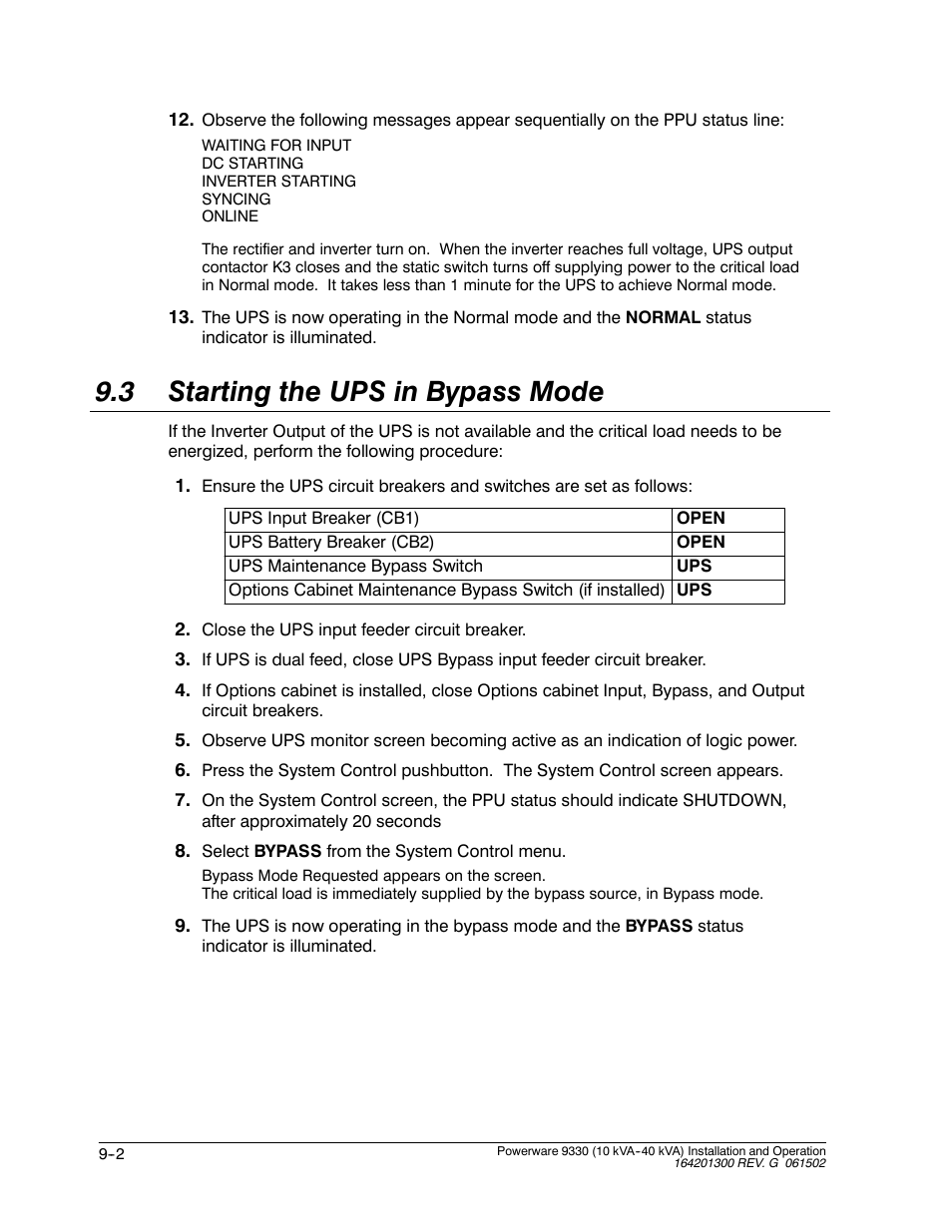 3 starting the ups in bypass mode | Powerware 9330 User Manual | Page 116 / 246