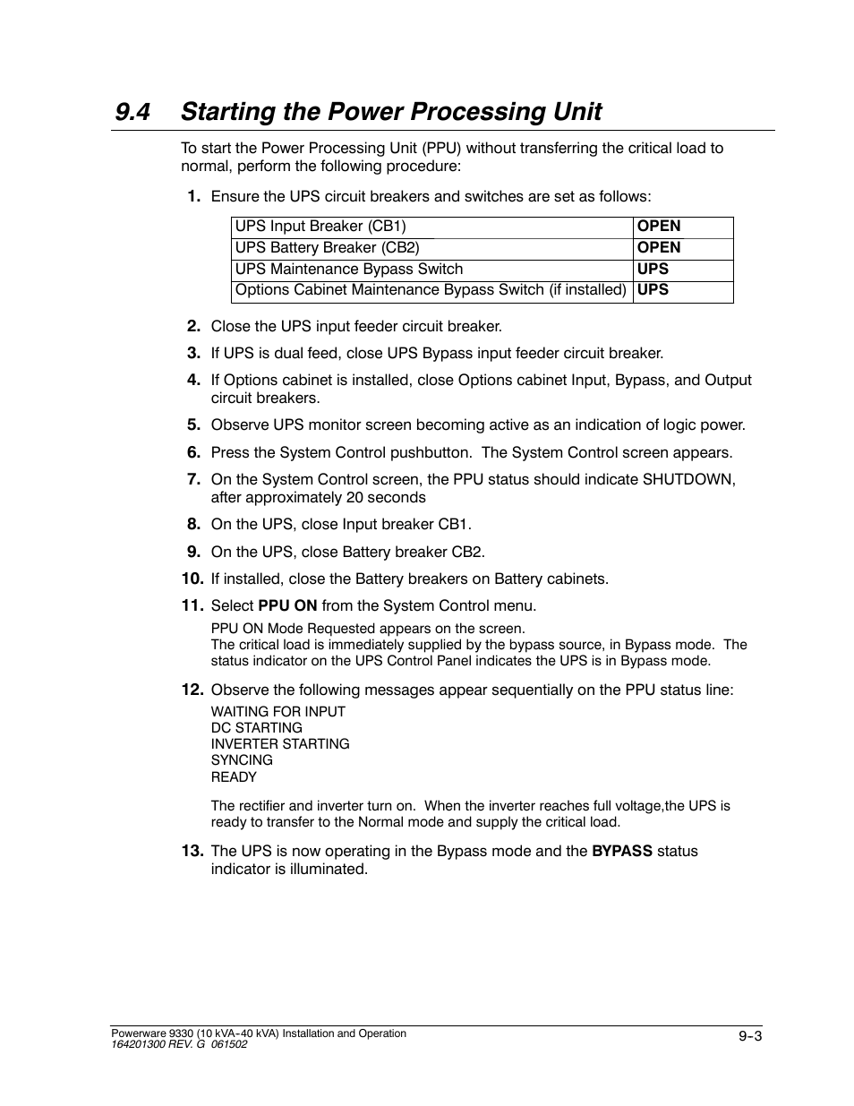 4 starting the power processing unit | Powerware 9330 User Manual | Page 117 / 246
