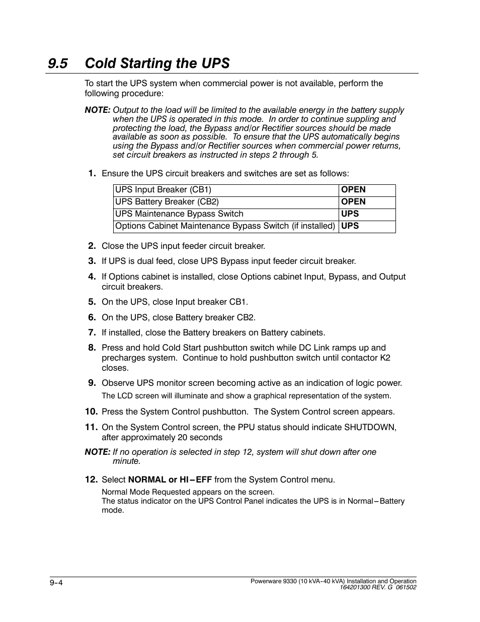 5 cold starting the ups | Powerware 9330 User Manual | Page 118 / 246