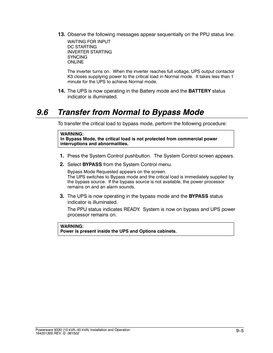 6 transfer from normal to bypass mode | Powerware 9330 User Manual | Page 119 / 246