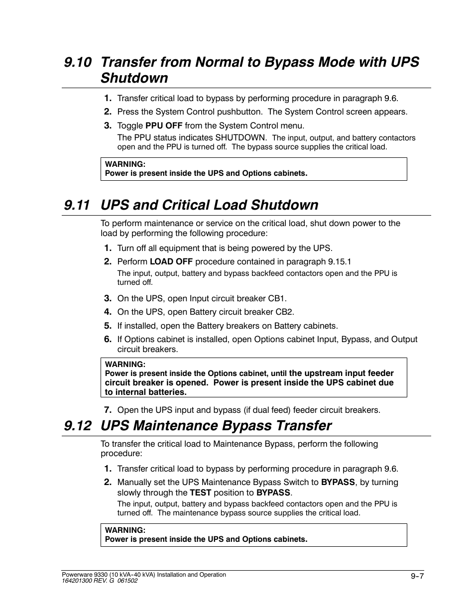 11 ups and critical load shutdown, 12 ups maintenance bypass transfer | Powerware 9330 User Manual | Page 121 / 246