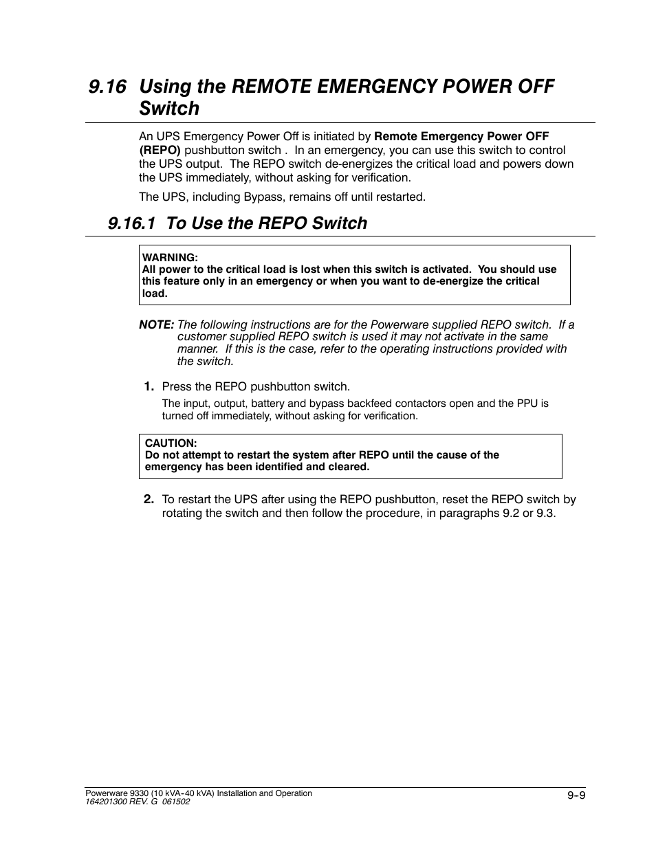 16 using the remote emergency power off switch, 1 to use the repo switch | Powerware 9330 User Manual | Page 123 / 246