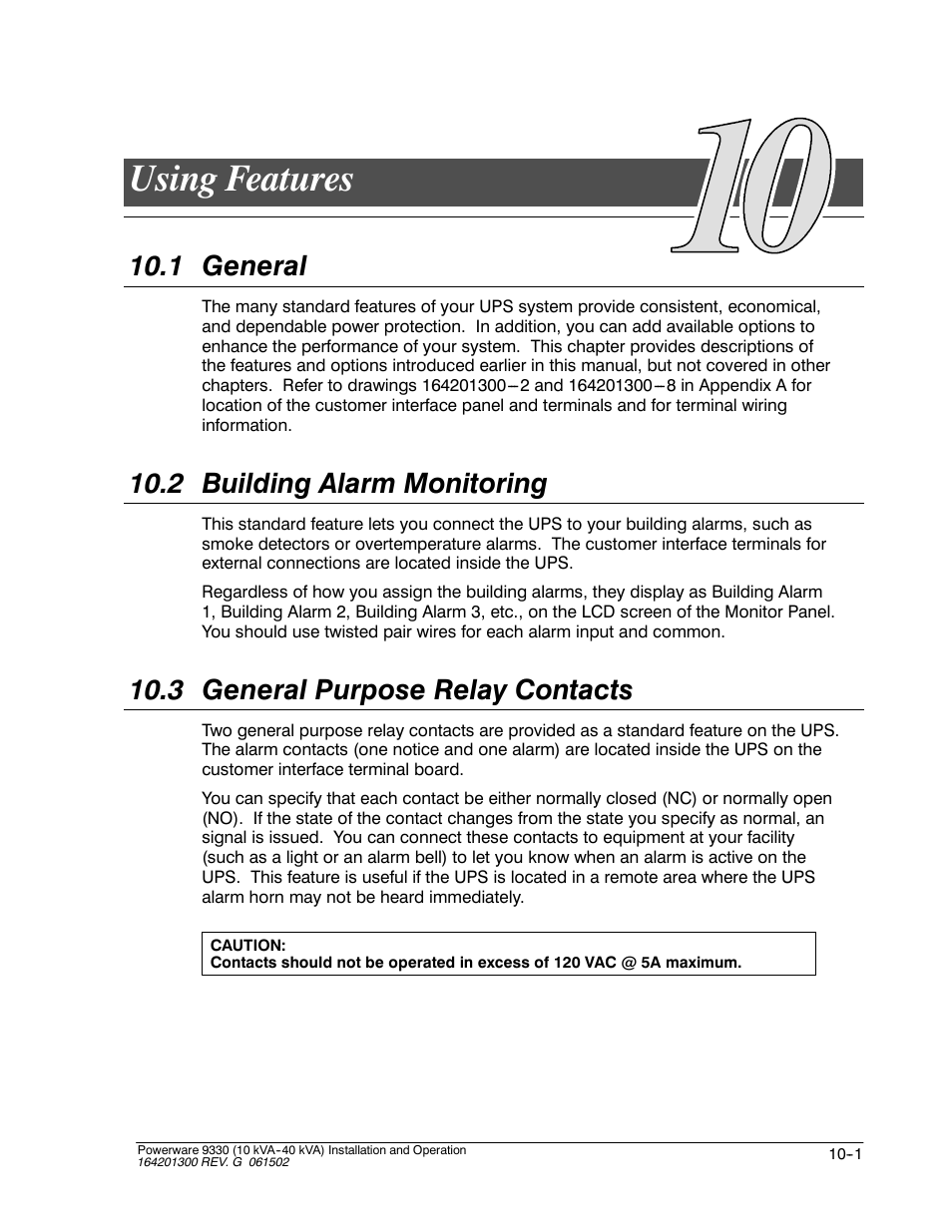 Using features, 1 general, 2 building alarm monitoring | 3 general purpose relay contacts | Powerware 9330 User Manual | Page 125 / 246