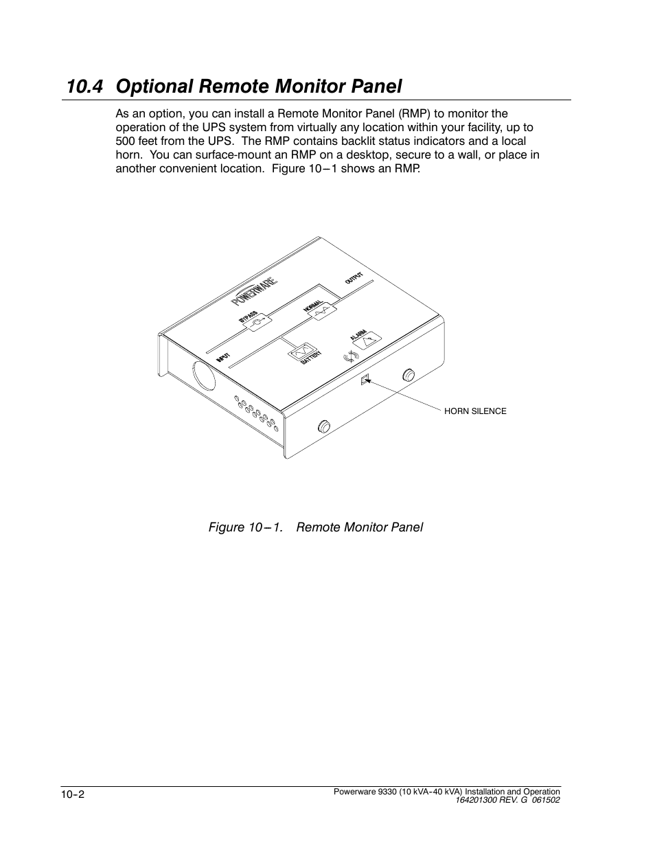 4 optional remote monitor panel | Powerware 9330 User Manual | Page 126 / 246