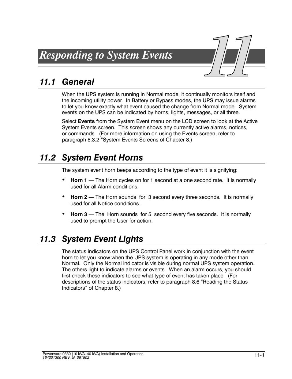 Responding to system events, 1 general, 2 system event horns | 3 system event lights | Powerware 9330 User Manual | Page 129 / 246