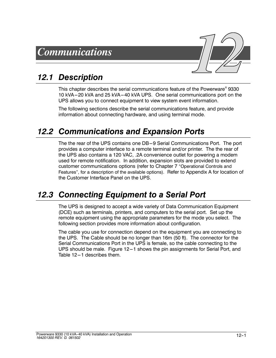 Communications, 1 description, 2 communications and expansion ports | 3 connecting equipment to a serial port | Powerware 9330 User Manual | Page 139 / 246