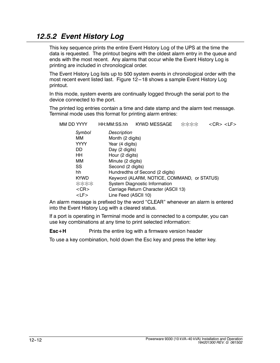 2 event history log | Powerware 9330 User Manual | Page 150 / 246