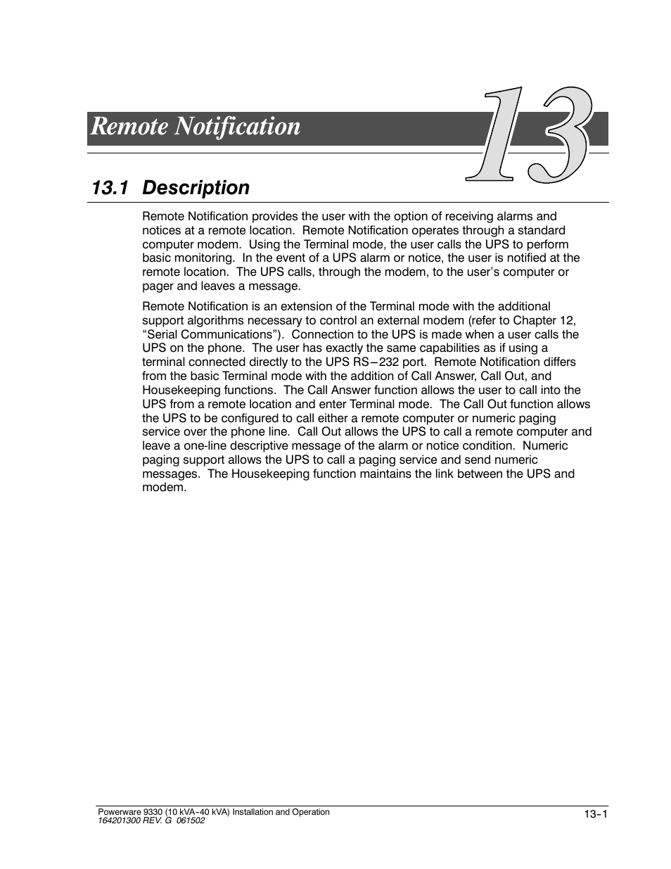 Remote notification, 1 description | Powerware 9330 User Manual | Page 153 / 246