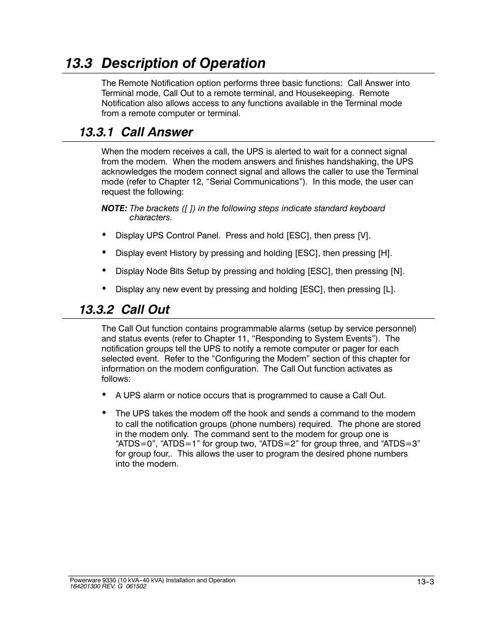 3 description of operation, 1 call answer, 2 call out | Powerware 9330 User Manual | Page 155 / 246
