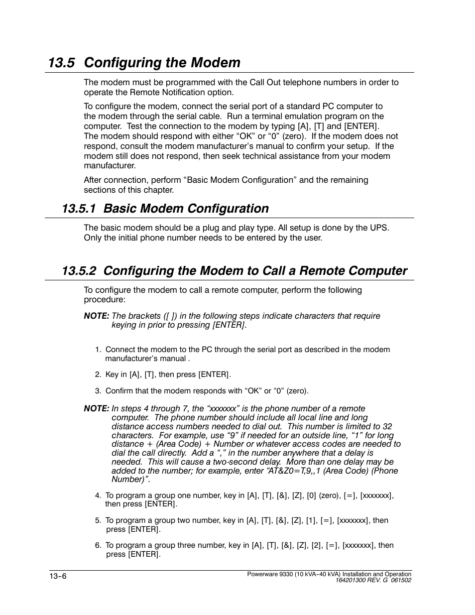 5 configuring the modem, 1 basic modem configuration, 2 configuring the modem to call a remote computer | Powerware 9330 User Manual | Page 158 / 246