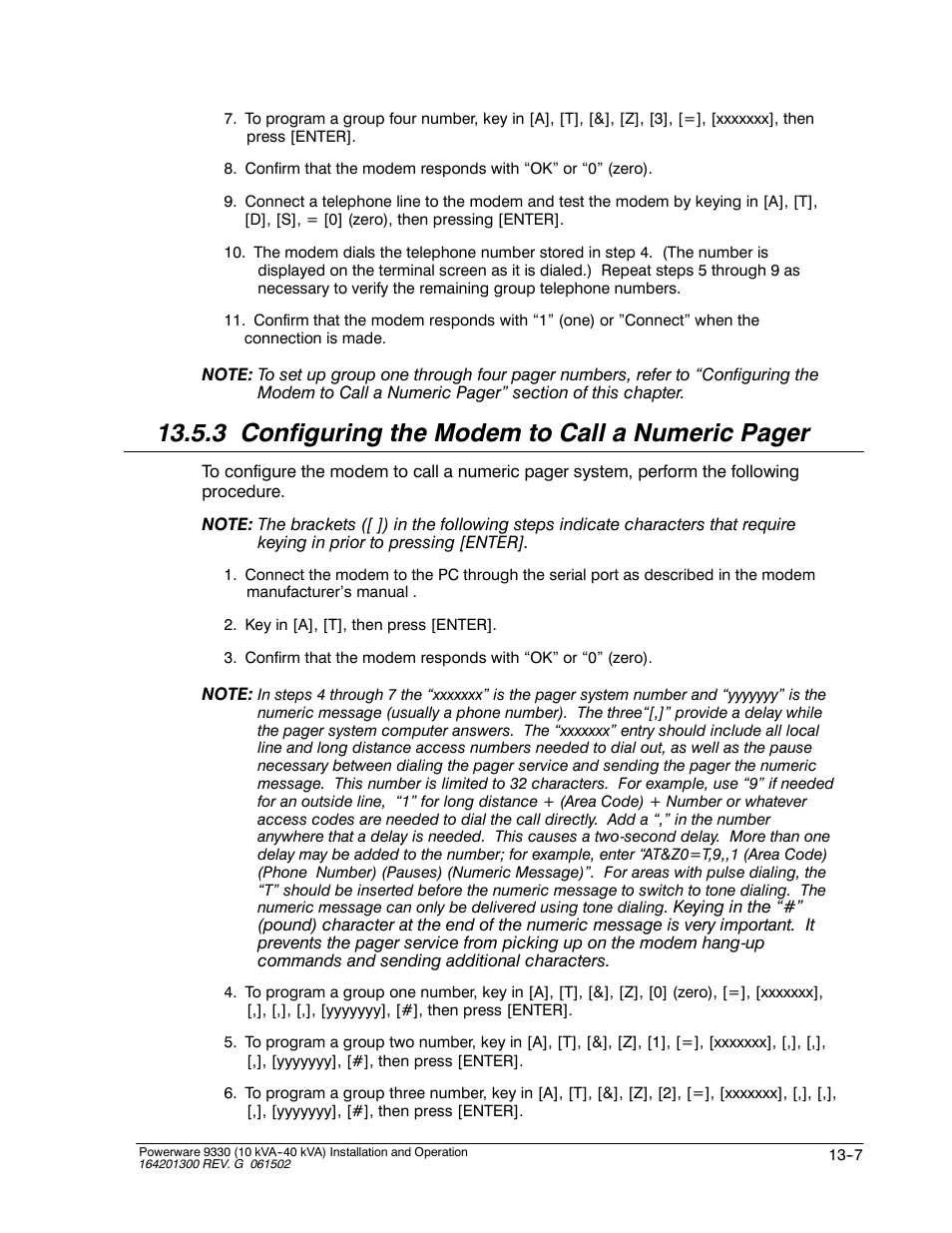 3 configuring the modem to call a numeric pager | Powerware 9330 User Manual | Page 159 / 246