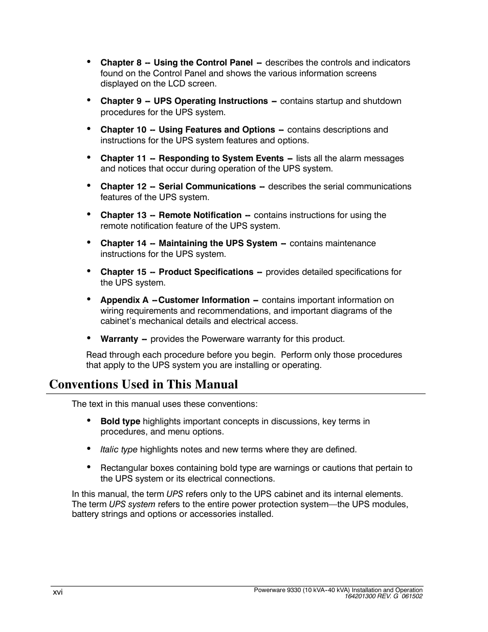 Conventions used in this manual | Powerware 9330 User Manual | Page 16 / 246