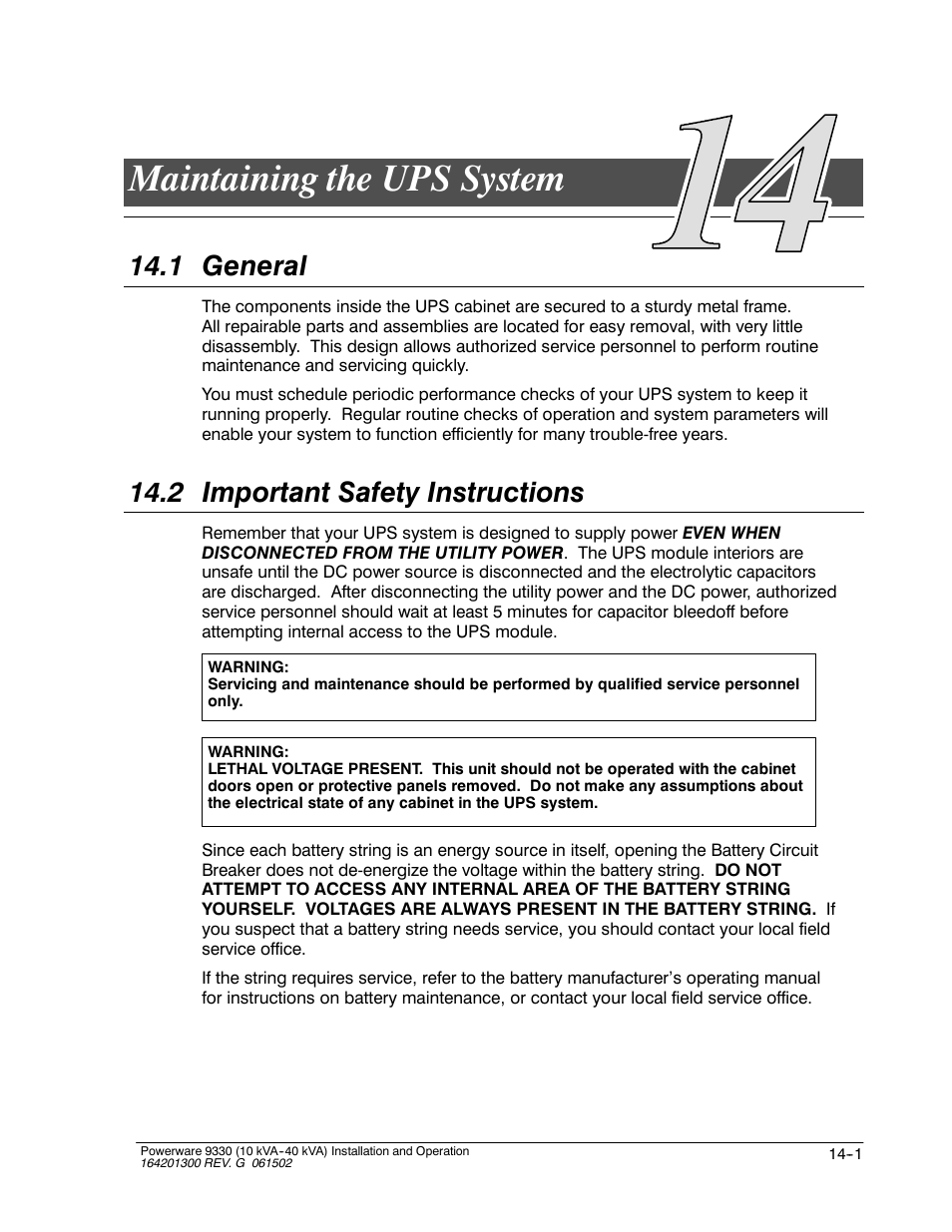 Maintaining the ups system, 1 general, 2 important safety instructions | Powerware 9330 User Manual | Page 163 / 246