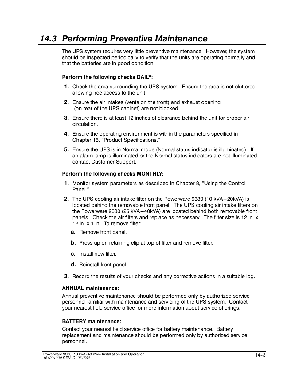3 performing preventive maintenance | Powerware 9330 User Manual | Page 165 / 246