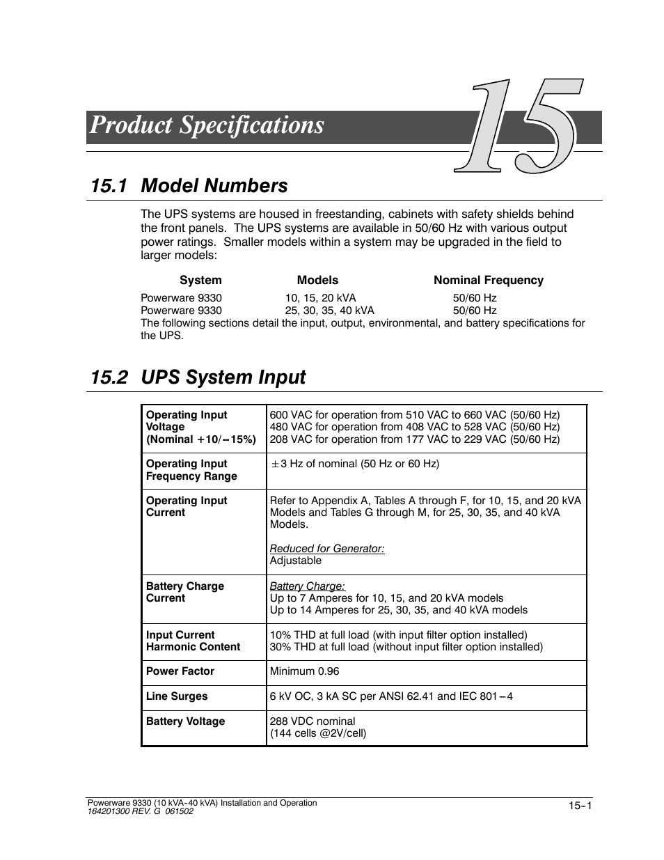 Product specifications, 1 model numbers, 2 ups system input | Powerware 9330 User Manual | Page 167 / 246
