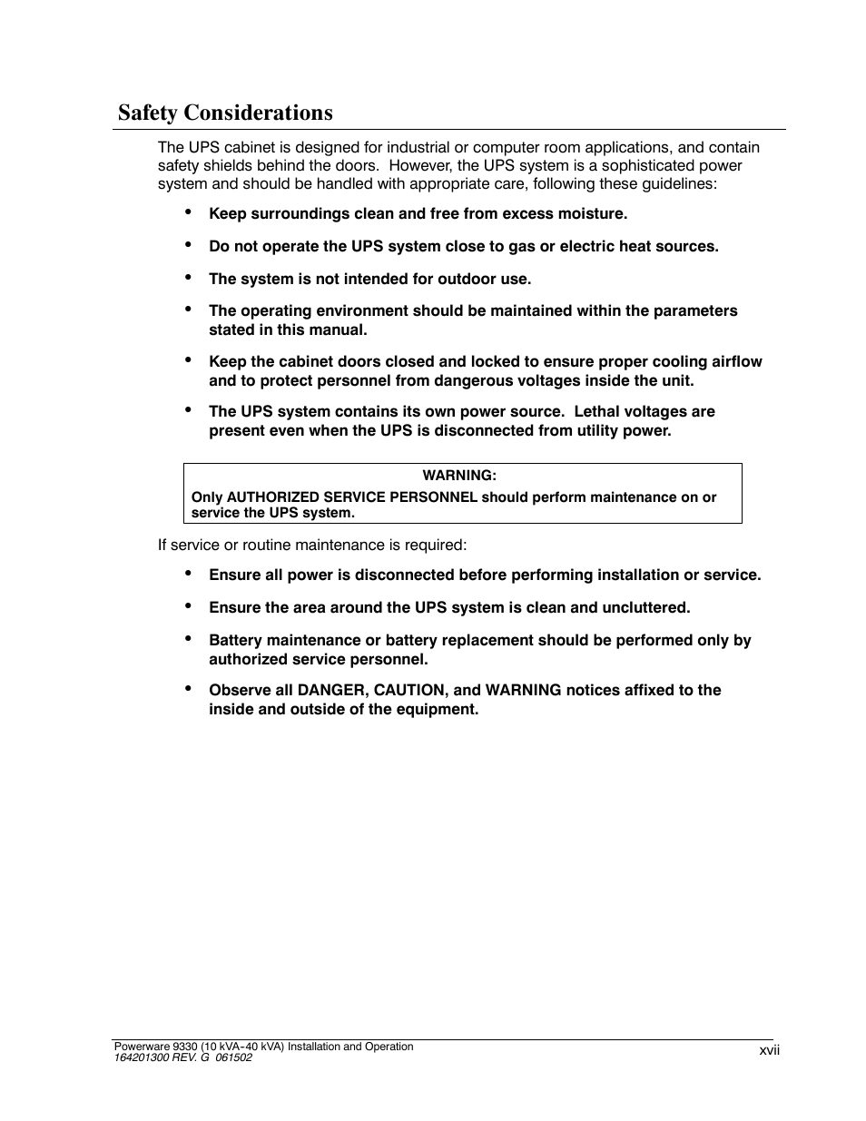 Safety considerations | Powerware 9330 User Manual | Page 17 / 246