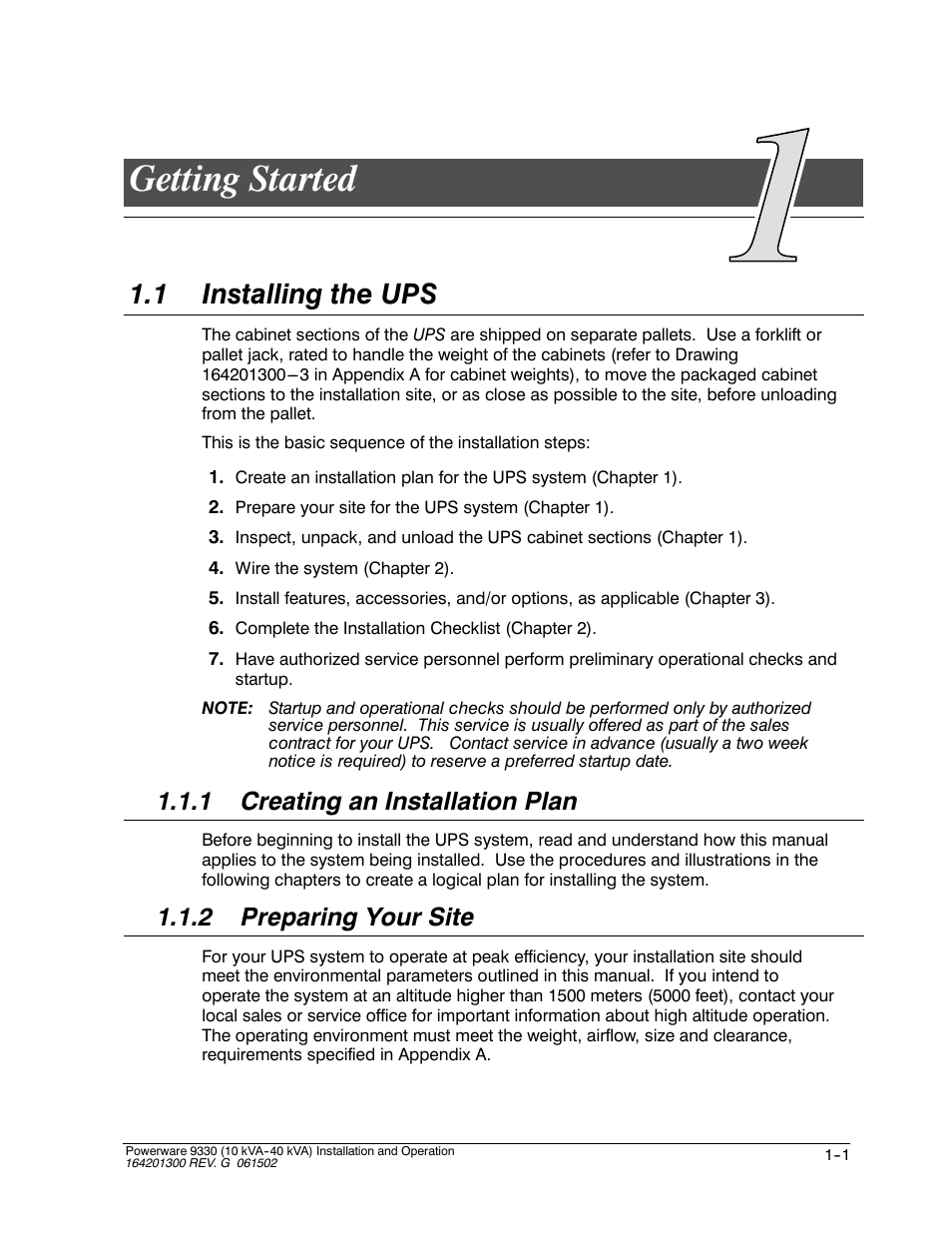 Ngetting started, 1 installing the ups, 1 creating an installation plan | 2 preparing your site | Powerware 9330 User Manual | Page 21 / 246