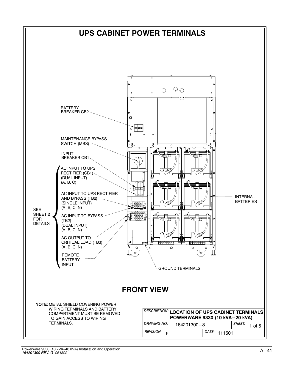 Ups cabinet power terminals, Front view | Powerware 9330 User Manual | Page 211 / 246