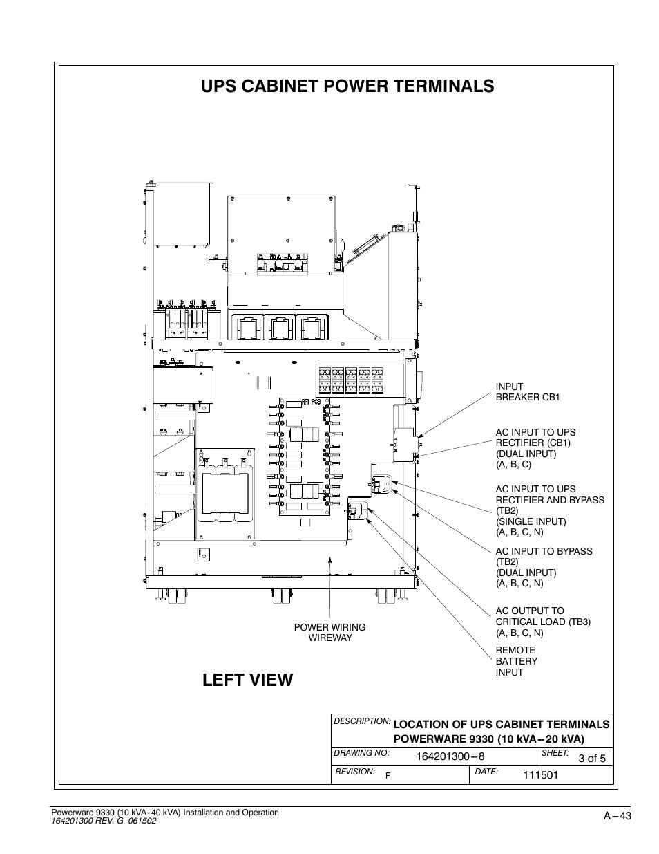 Ups cabinet power terminals, Left view | Powerware 9330 User Manual | Page 213 / 246