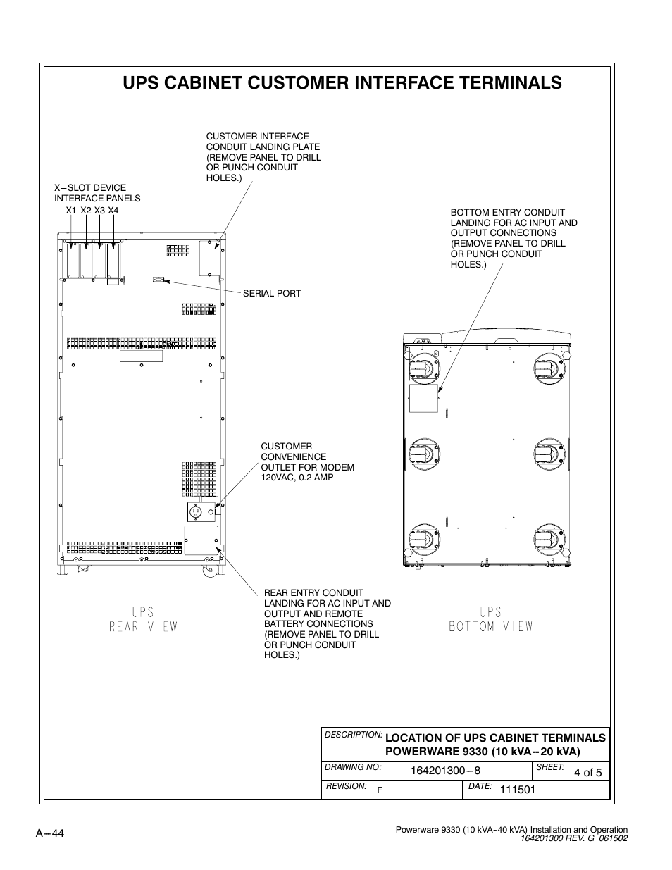 Ups cabinet customer interface terminals | Powerware 9330 User Manual | Page 214 / 246