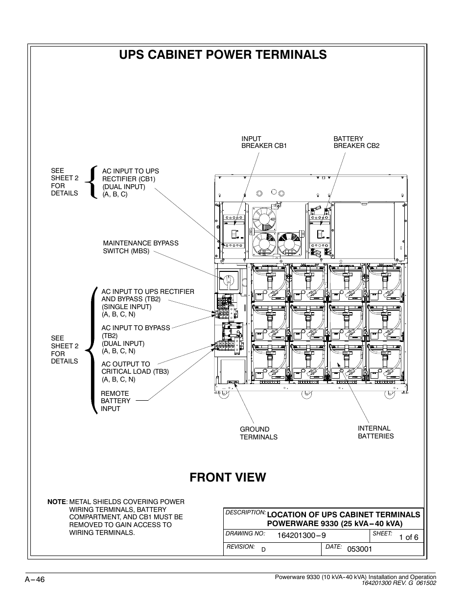 Ups cabinet power terminals, Front view | Powerware 9330 User Manual | Page 216 / 246