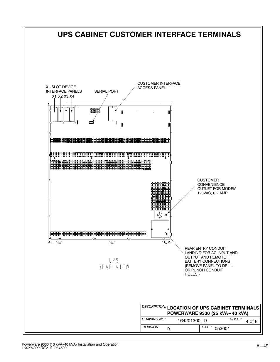 Ups cabinet customer interface terminals | Powerware 9330 User Manual | Page 219 / 246