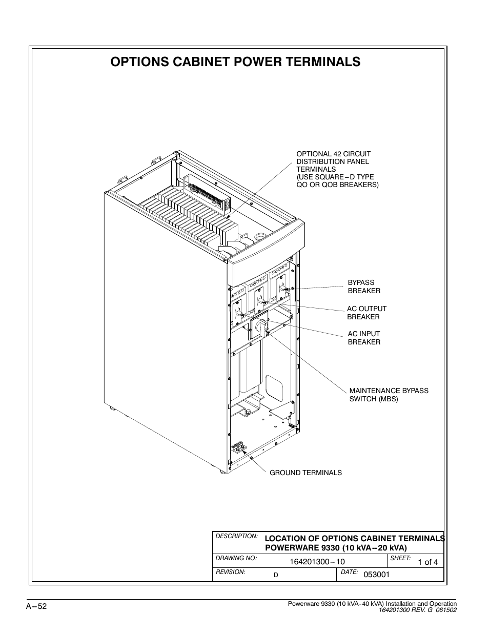 Options cabinet power terminals | Powerware 9330 User Manual | Page 222 / 246