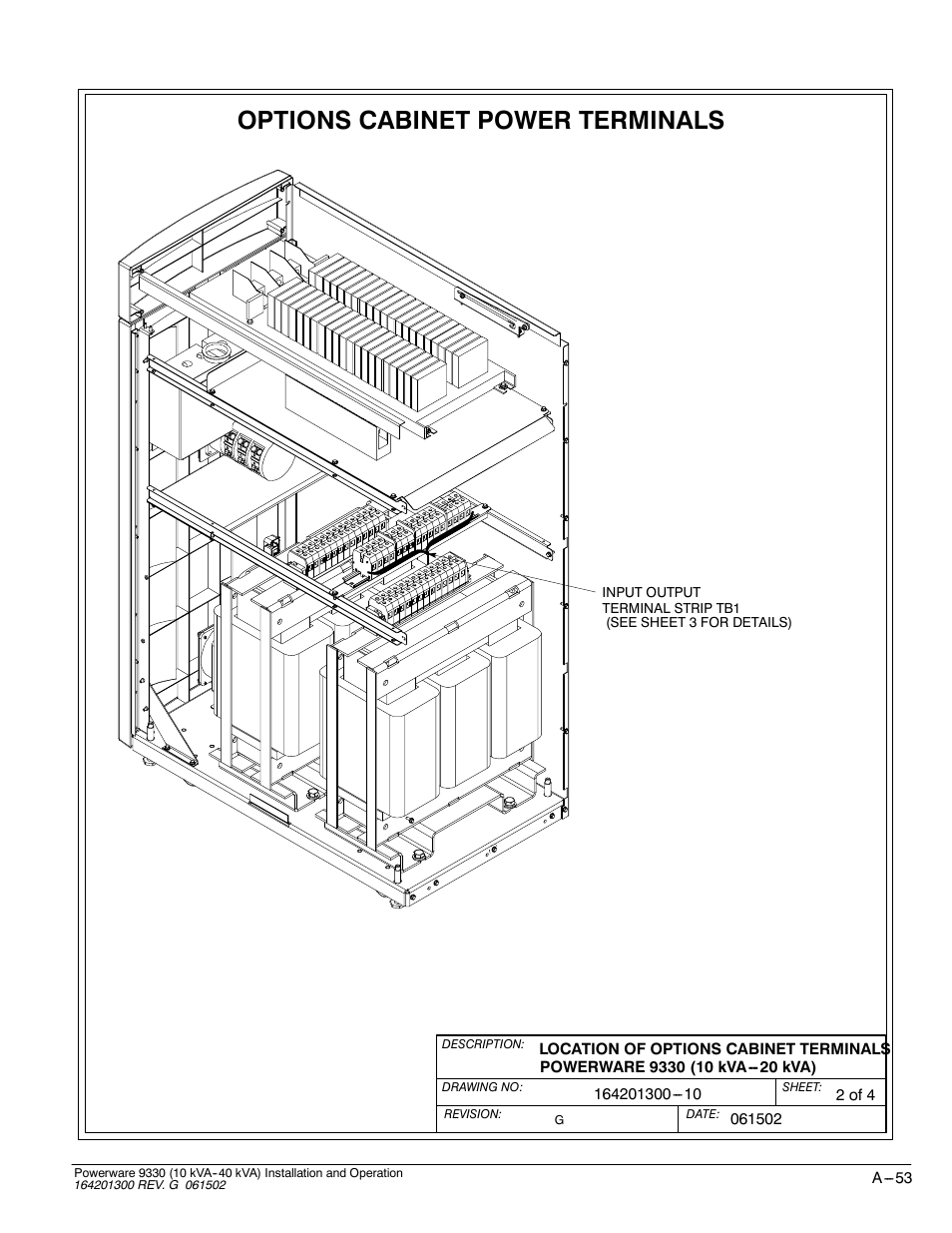 Options cabinet power terminals | Powerware 9330 User Manual | Page 223 / 246