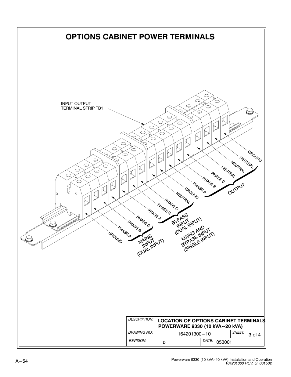 Options cabinet power terminals | Powerware 9330 User Manual | Page 224 / 246