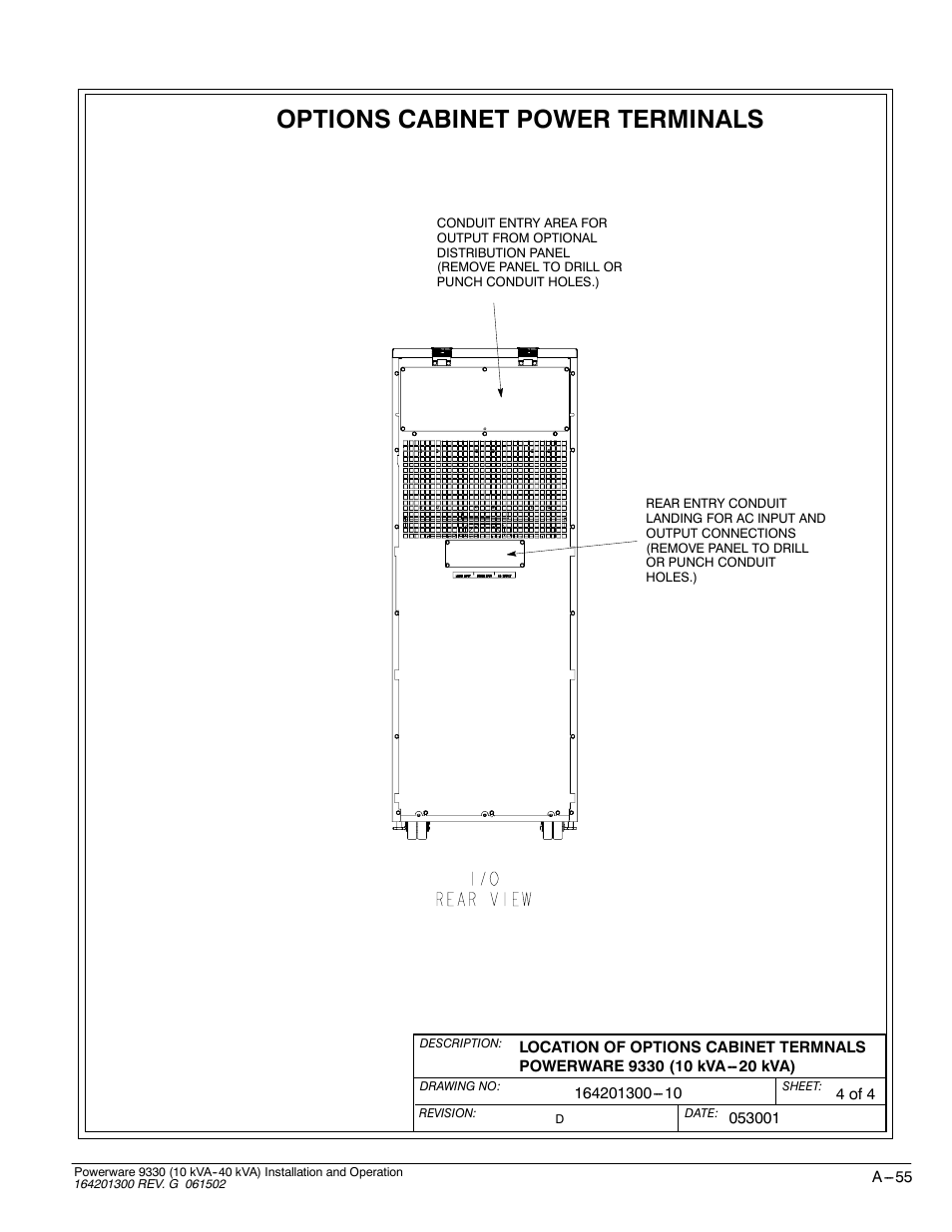 Options cabinet power terminals | Powerware 9330 User Manual | Page 225 / 246