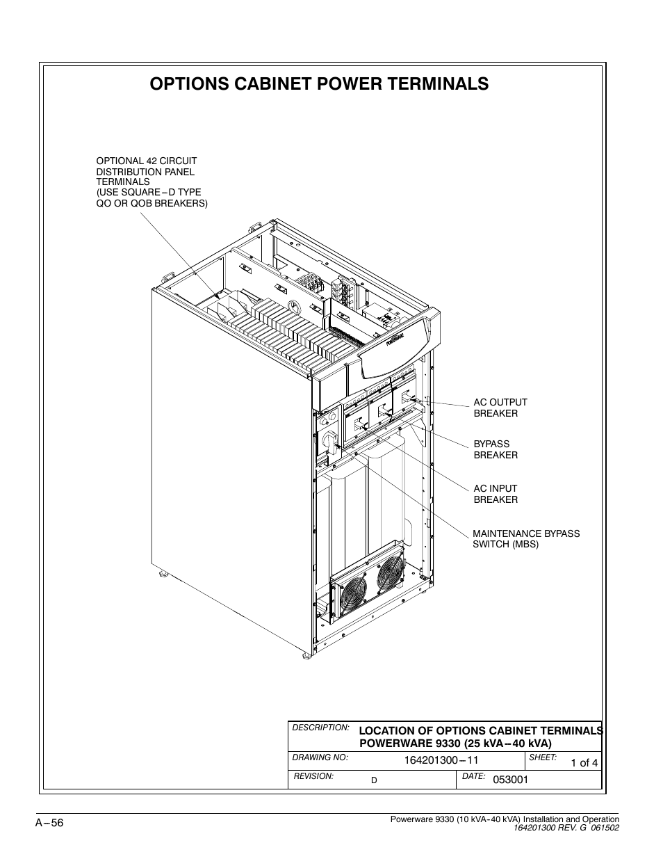 Options cabinet power terminals | Powerware 9330 User Manual | Page 226 / 246