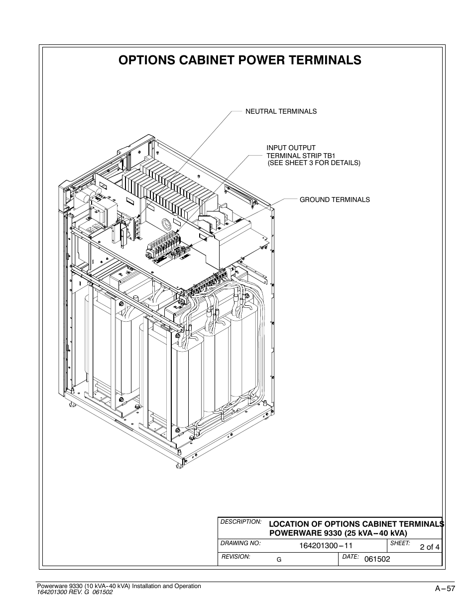Options cabinet power terminals | Powerware 9330 User Manual | Page 227 / 246