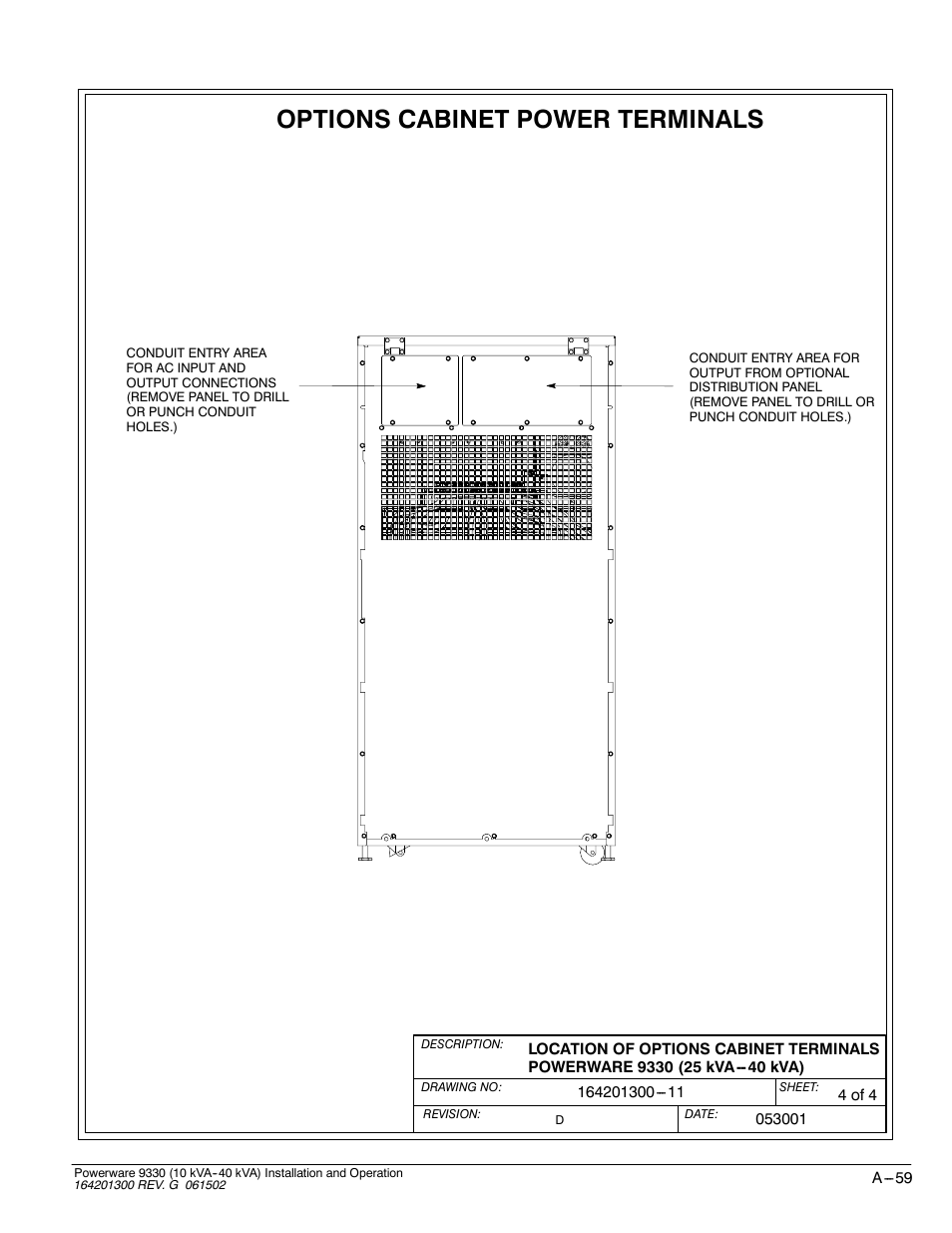 Options cabinet power terminals | Powerware 9330 User Manual | Page 229 / 246