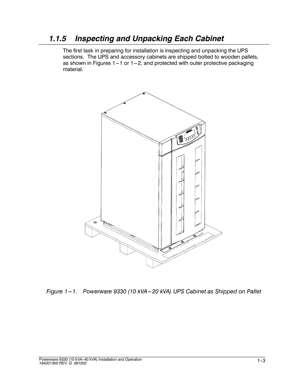 5 inspecting and unpacking each cabinet | Powerware 9330 User Manual | Page 23 / 246