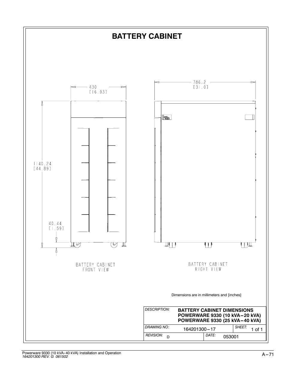 Battery cabinet | Powerware 9330 User Manual | Page 241 / 246
