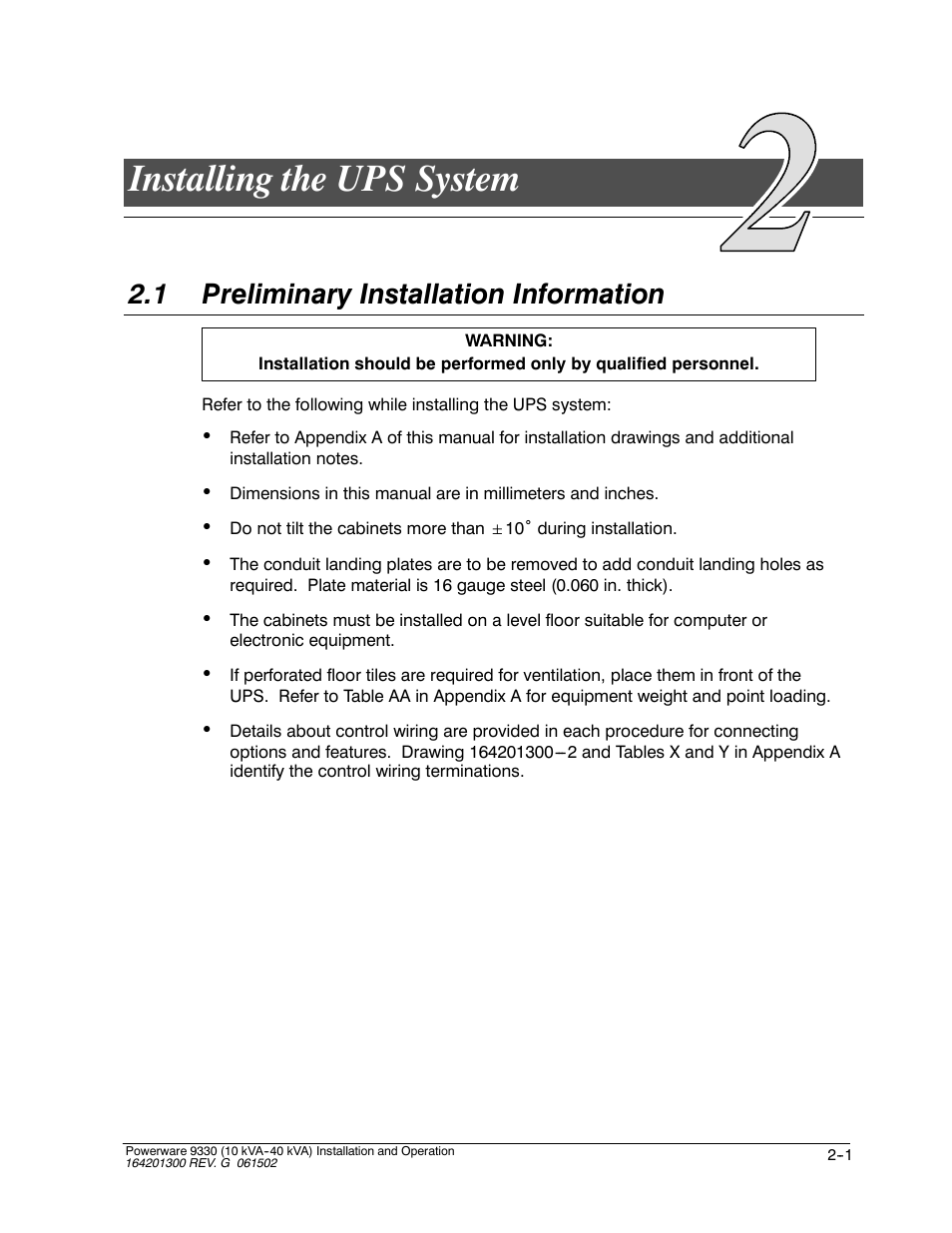 Installing the ups system, 1 preliminary installation information | Powerware 9330 User Manual | Page 27 / 246