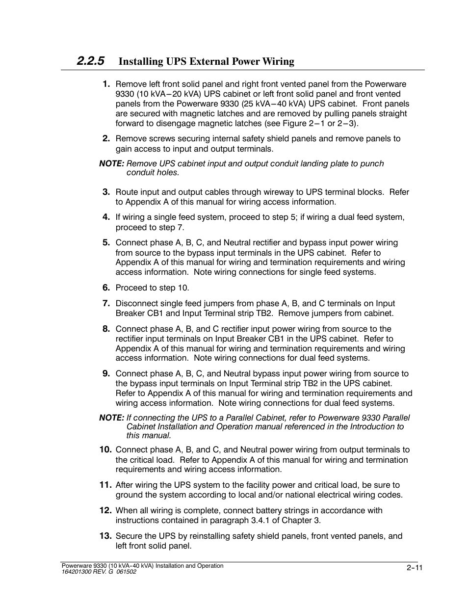 Installing ups external power wiring | Powerware 9330 User Manual | Page 37 / 246