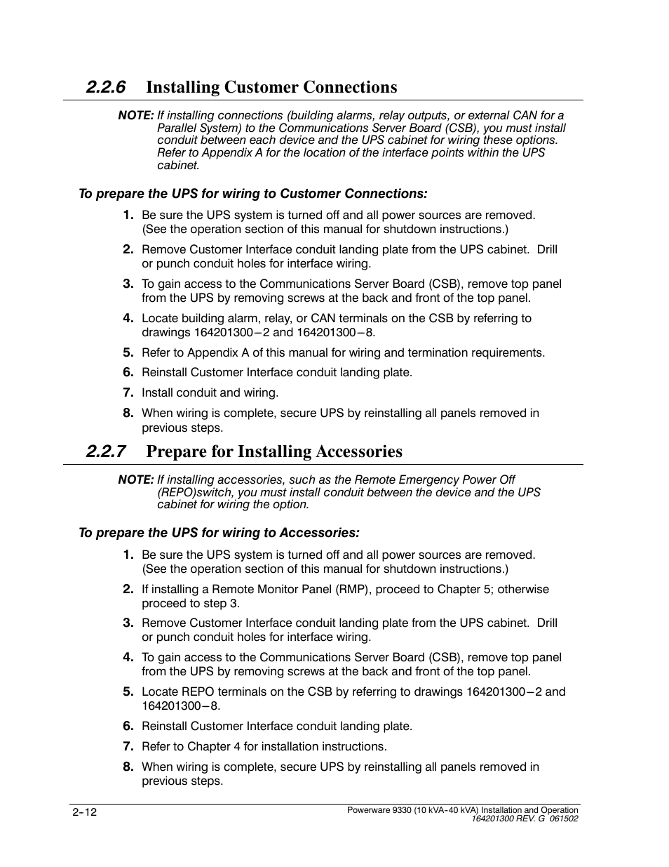 6 installing customer connections, 7 prepare for installing accessories | Powerware 9330 User Manual | Page 38 / 246