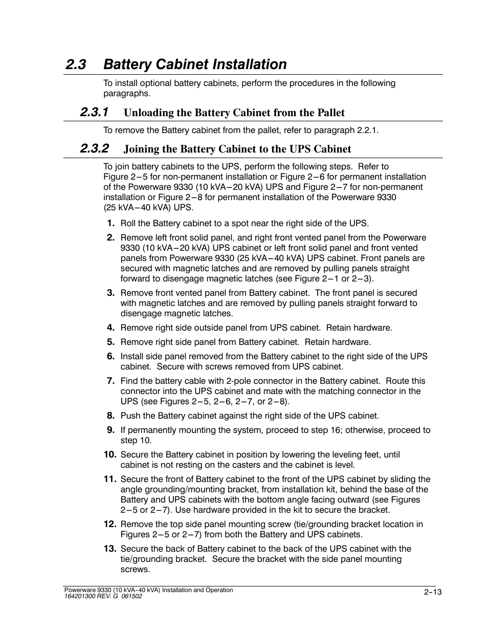3 battery cabinet installation | Powerware 9330 User Manual | Page 39 / 246