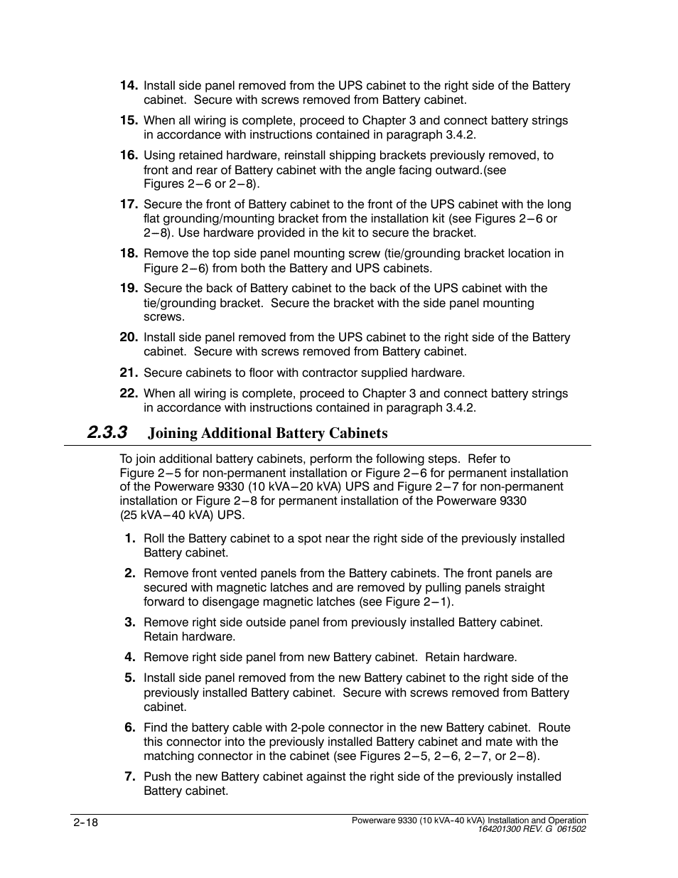 Joining additional battery cabinets | Powerware 9330 User Manual | Page 44 / 246