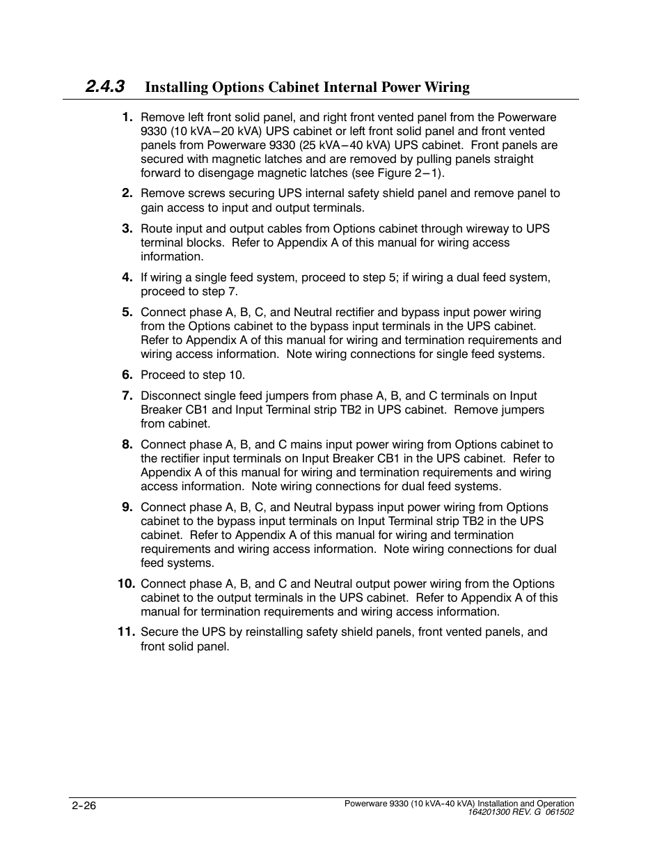 Installing options cabinet internal power wiring | Powerware 9330 User Manual | Page 52 / 246