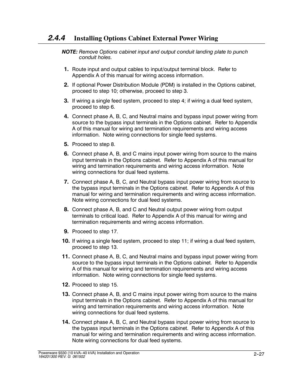 Installing options cabinet external power wiring | Powerware 9330 User Manual | Page 53 / 246