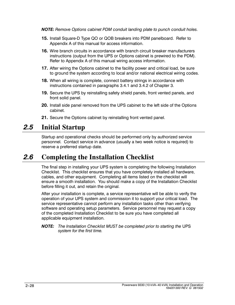 5 initial startup, 6 completing the installation checklist | Powerware 9330 User Manual | Page 54 / 246